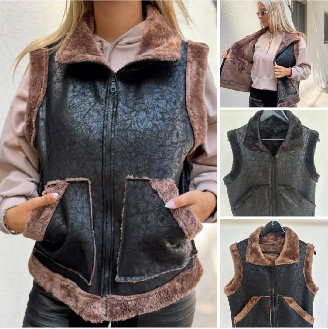 Chaleco gamulán de mujer negro con detalle marrón